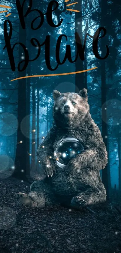 Mystical bear holding globe in enchanted forest wallpaper.