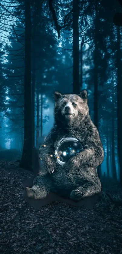 Mystical bear with orb in dark forest.