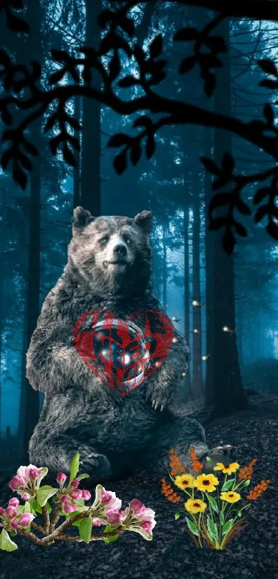 Mystical bear holding heart in dark forest with flowers.