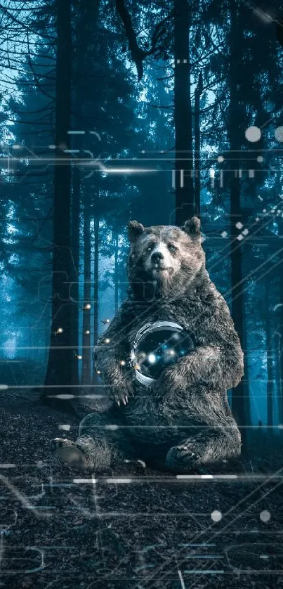 Bear holding a glowing orb in a misty, enchanted forest scene.