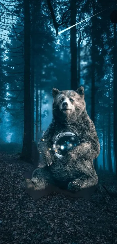 Bear holding a glowing orb in a foggy, mystical forest.