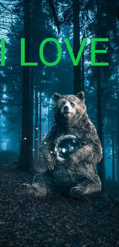 Bear with glowing sphere in dark forest, mystical wallpaper.