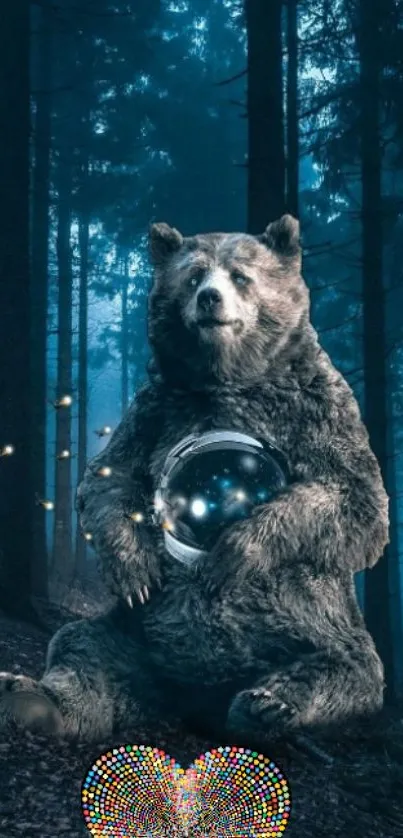 Bear holds glowing orb in mystical forest wallpaper.