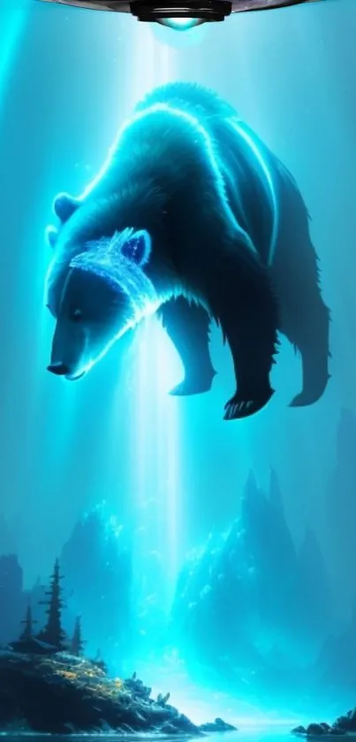 Mystical bear in glowing blue forest landscape wallpaper.