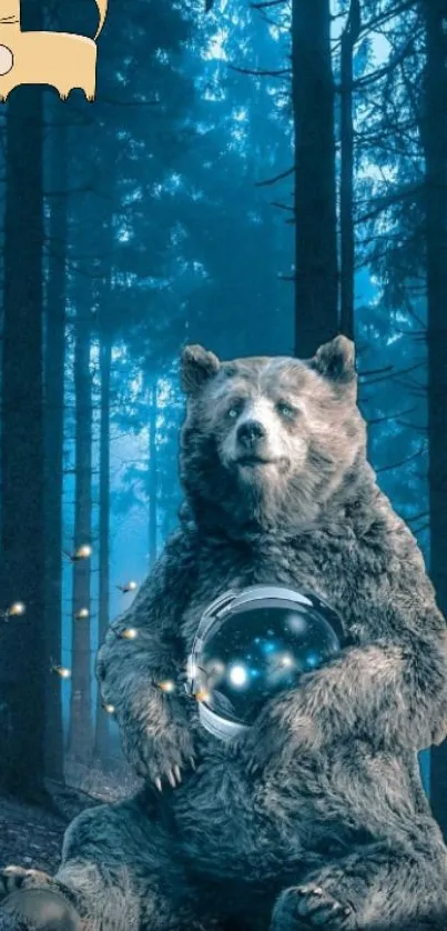 Mystical bear with orb in enchanted forest wallpaper.