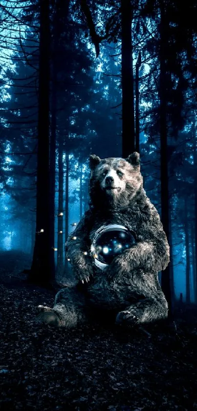 Bear holding a sphere in a mystical, dark blue forest at night.