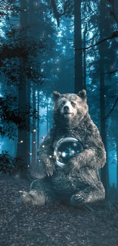 Bear holding an orb in an enchanted forest at night.