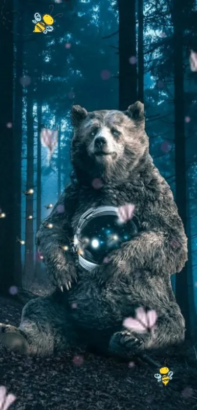 Mystical bear with orb in enchanted forest wallpaper