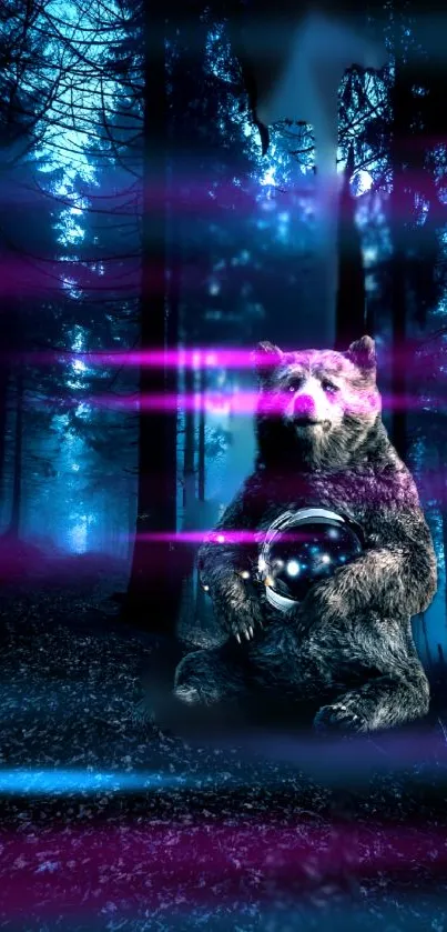 Mystical bear holding a sphere in a neon-lit forest.