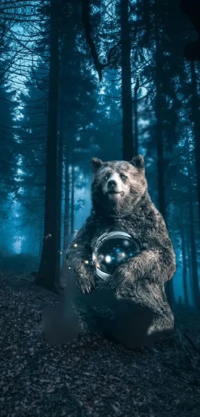 Mystical bear with a glowing orb in a dark, enchanted forest.