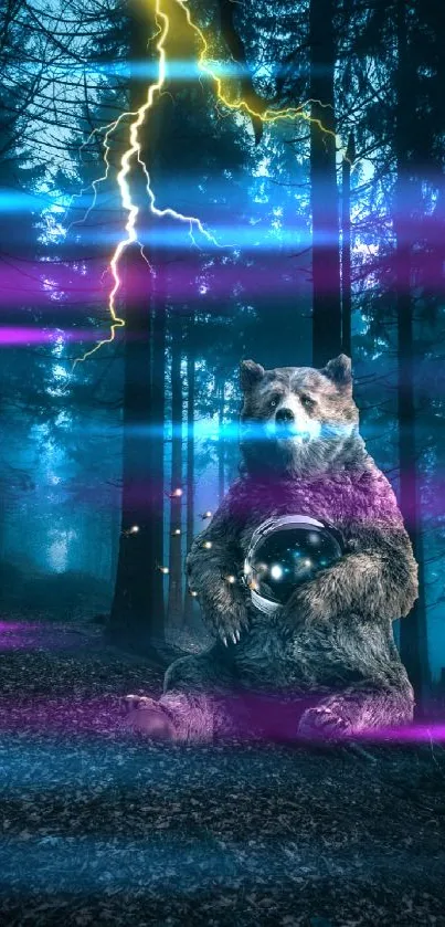 Mystical bear holding a crystal ball in a stormy forest scene.