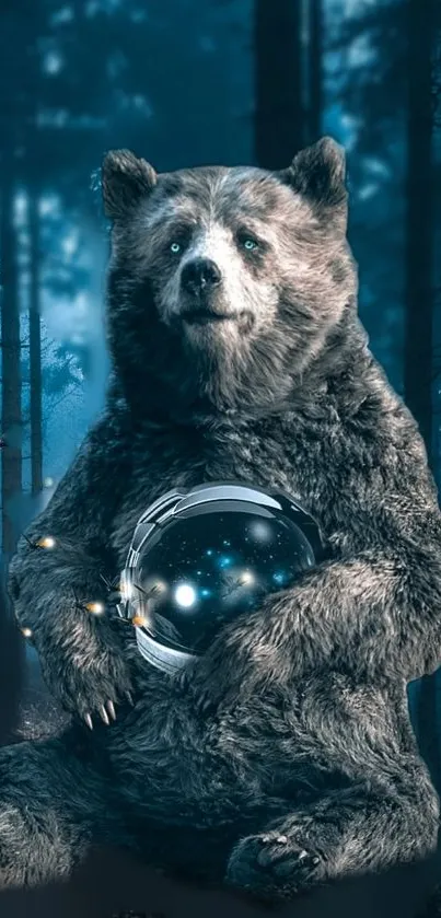 Bear holding glowing orb in dark, magical forest.