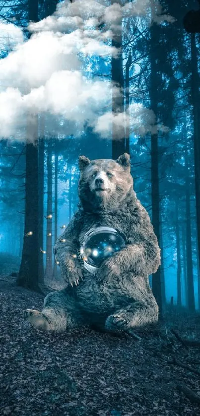 Mystical bear holding orb in enchanted misty forest.