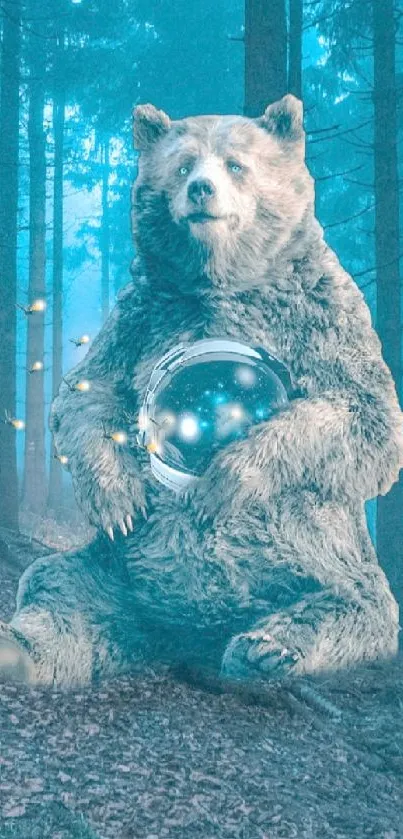 Bear with mystical orb in a teal forest at night.