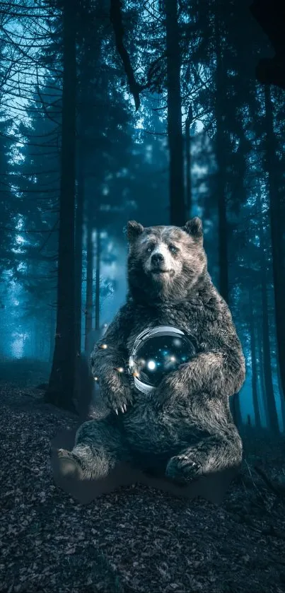 Bear holding a glowing orb in a mystical forest setting, perfect for mobile wallpaper.