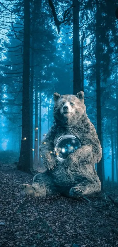 A mystical bear in a deep blue enchanted forest.