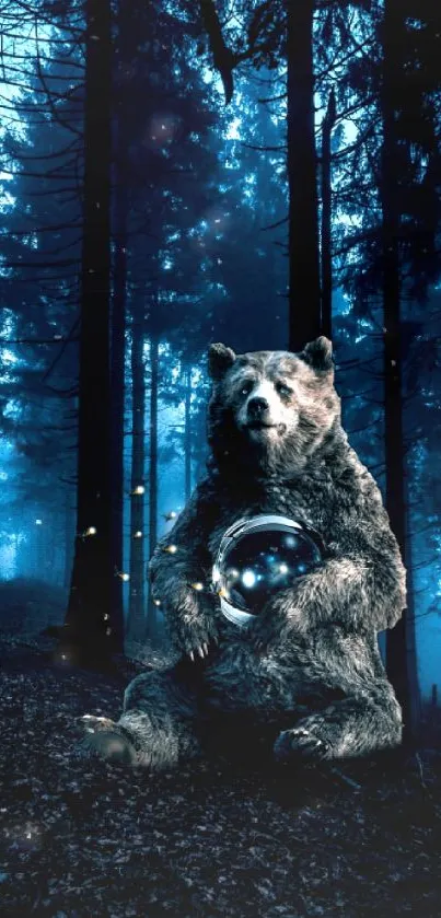 Bear in mystical forest holding a glowing sphere.