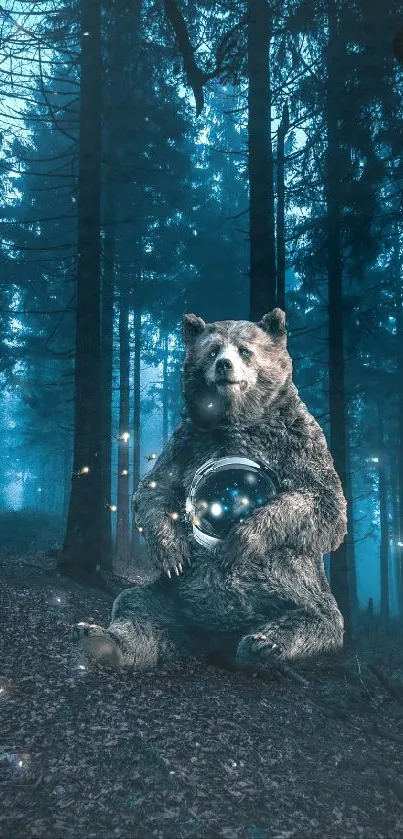 Bear holding glowing orb in a mystical, dark cyan forest.