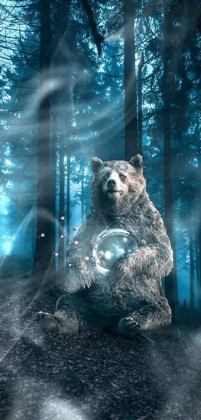 Mystical bear holding orb in dark blue forest.