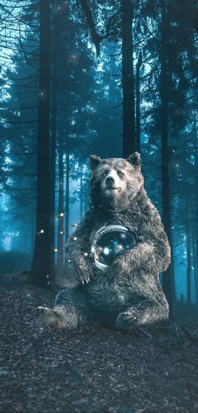 A mystical bear holding a glowing orb in a dark, misty forest setting.