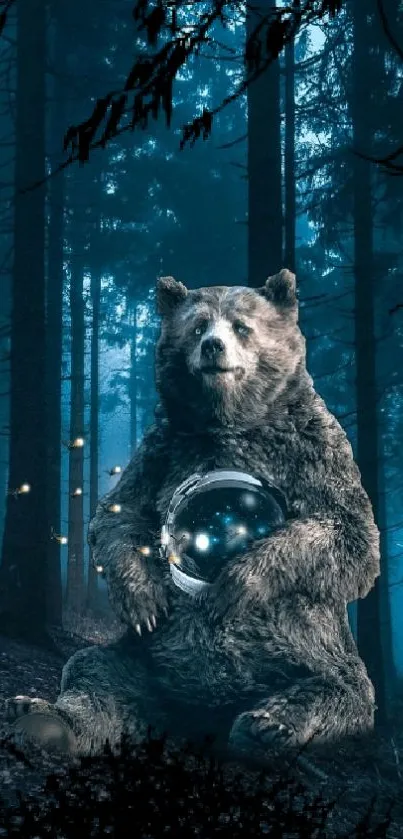 Bear with glowing orb in a mystical forest setting.