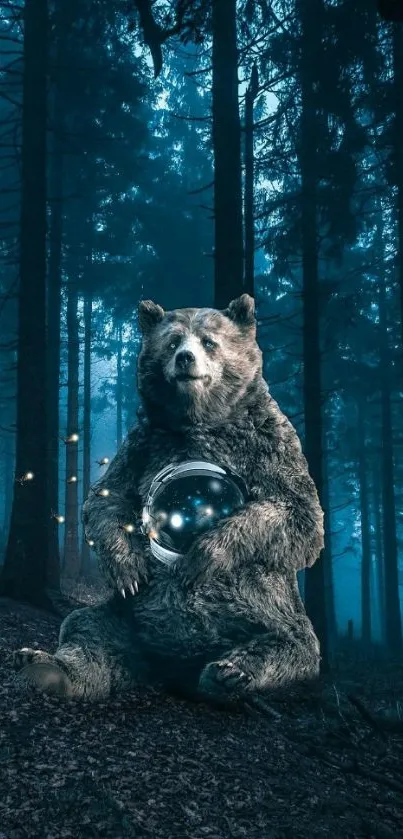 Bear holding a globe in a dark, mystical forest setting.