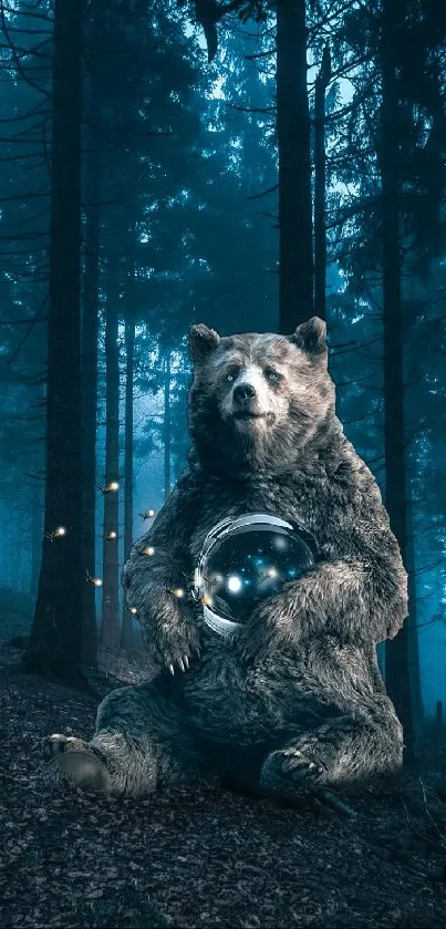 Bear holding a glowing orb in an enchanting forest.