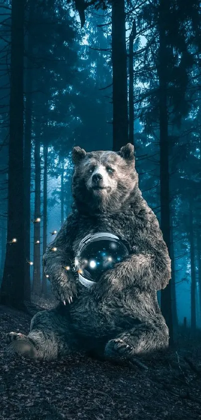 A mystical bear holding a glowing orb in a blue forest.