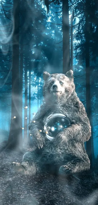 Bear in enchanted forest holding glowing orb amid fog.