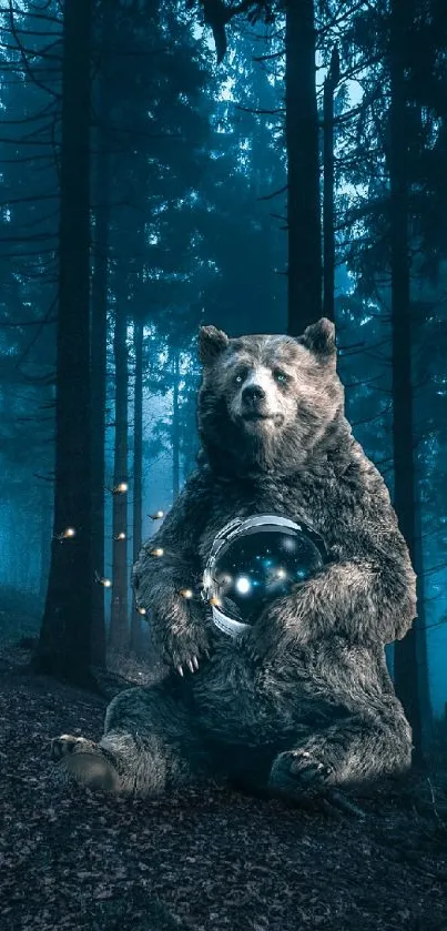 Bear holding glowing orb in a mystical forest at night.