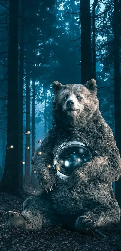 Mystical bear with orb in a teal forest