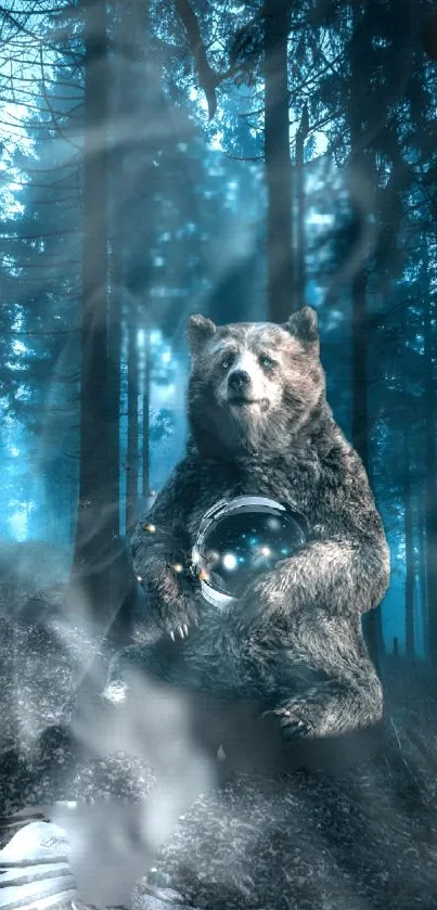 Mystical bear holding orb in foggy forest scene.