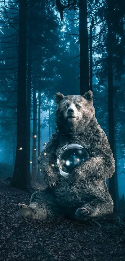 Bear with glowing orb in a mystical forest setting.