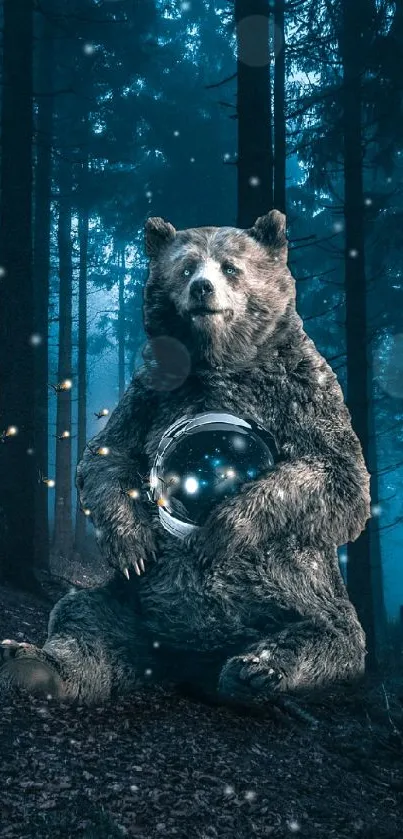 Whimsical bear holding orb in moonlit forest, creating a mystical night scene.