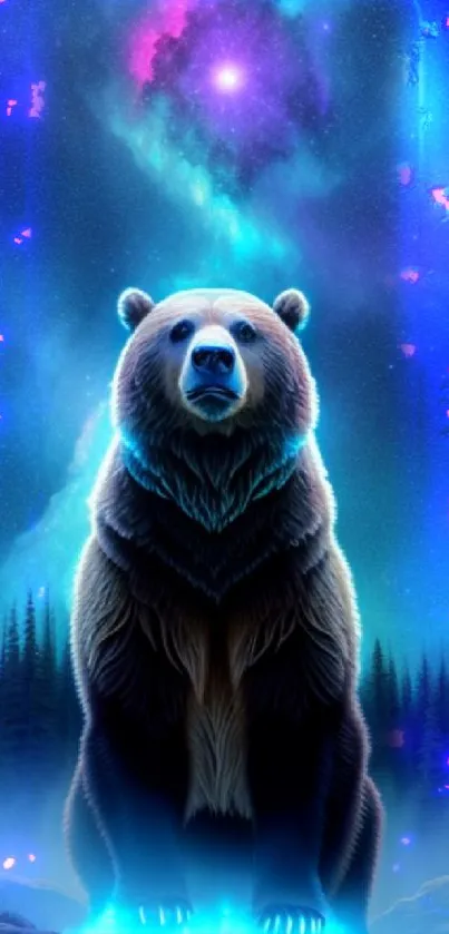Majestic bear under a vibrant galaxy sky with cosmic colors.