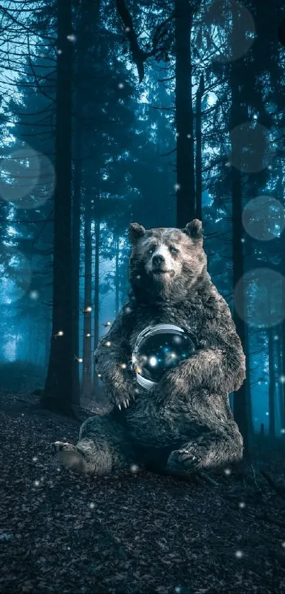 Bear holding glowing globe in a mystical blue forest wallpaper.