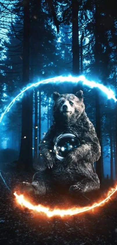 Bear in forest with glowing neon ring, nighttime scenery.