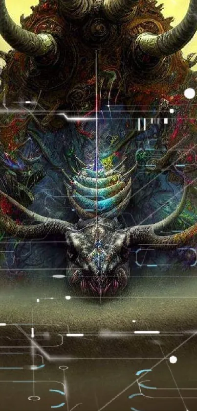 Mystical horned beast with vibrant colors on a dark olive background.