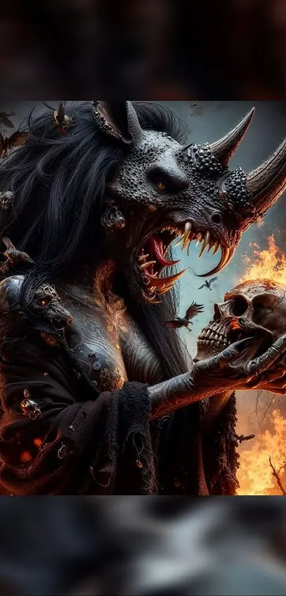 Mythical beast holding a fiery skull in a dramatic art scene.