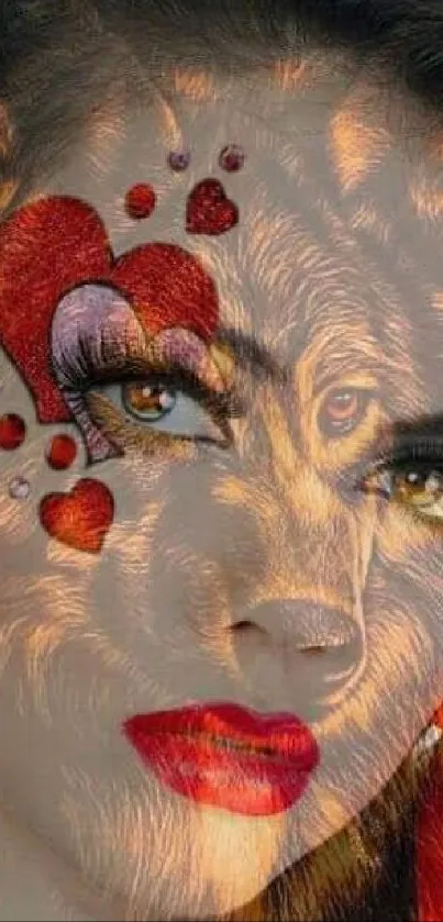 A woman's face blends with a wolf, adorned with red hearts and vibrant colors.