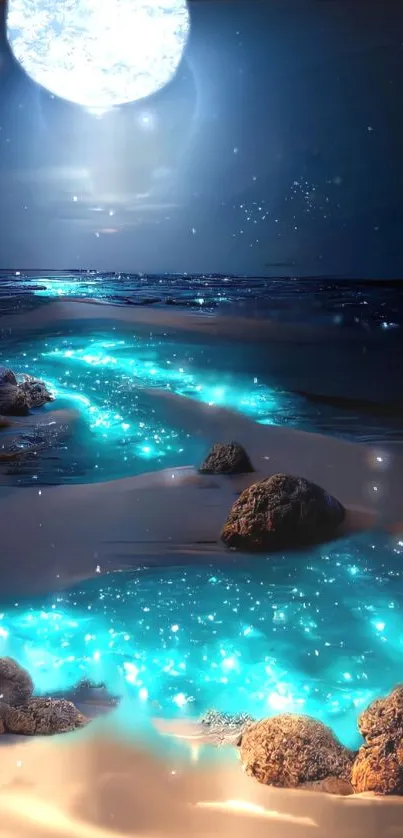 Bioluminescent beach under a glowing full moon.