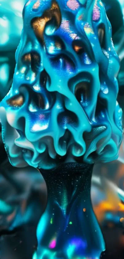 Bioluminescent turquoise mushroom with vibrant colors.