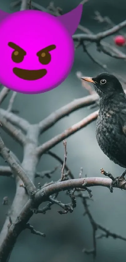 Bird on a branch with a purple devil emoji art.