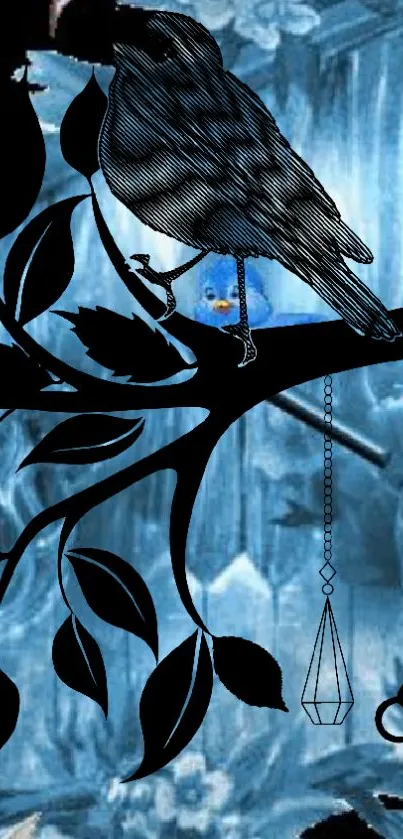 Mystical bird silhouette with keys on a blue fantasy background.