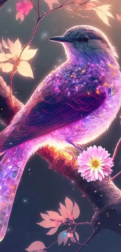 Fantasy digital art of a glowing bird on a floral branch.