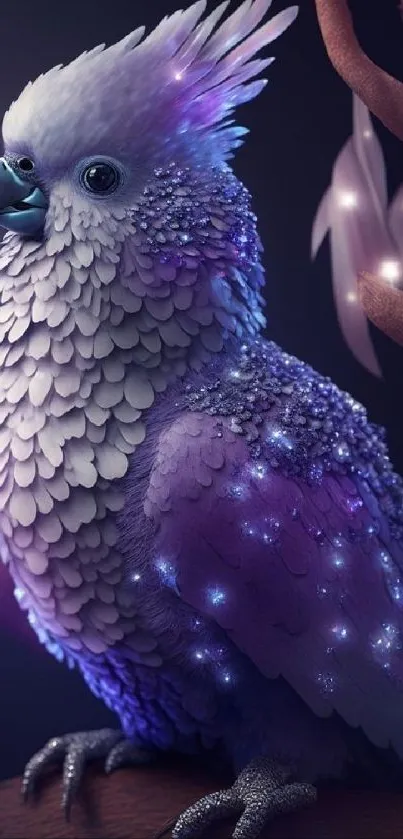 Mystical bird with purple feathers on a fantasy mobile wallpaper.