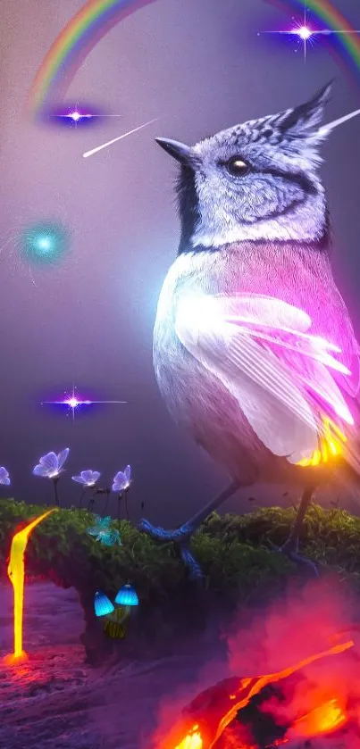 A vibrant, mystical bird perches in a colorful fantasy landscape.