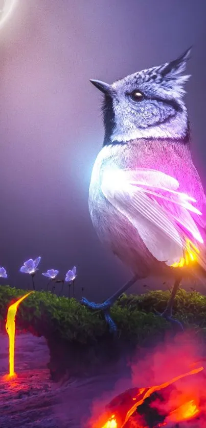 Mystical bird with neon glow amidst a surreal fantasy landscape.