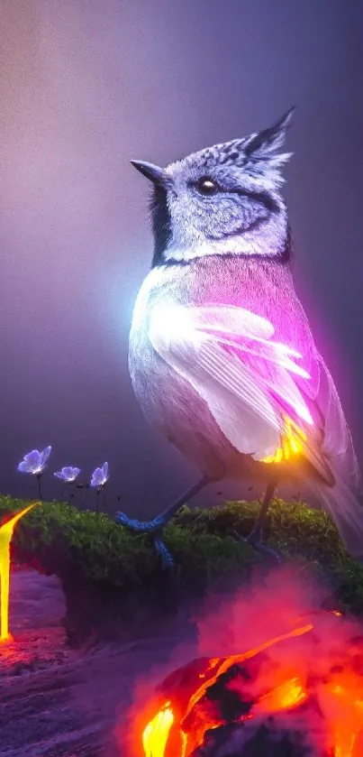 Mystical bird on a glowing, fiery landscape.