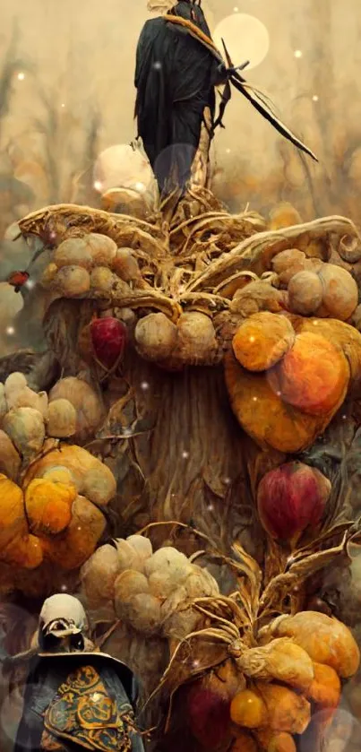 Surreal fantasy art with colorful pumpkins and mystical bird.